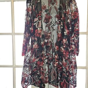 Reba Black Sheer Tunic with Red and Cream Floral Embroidery